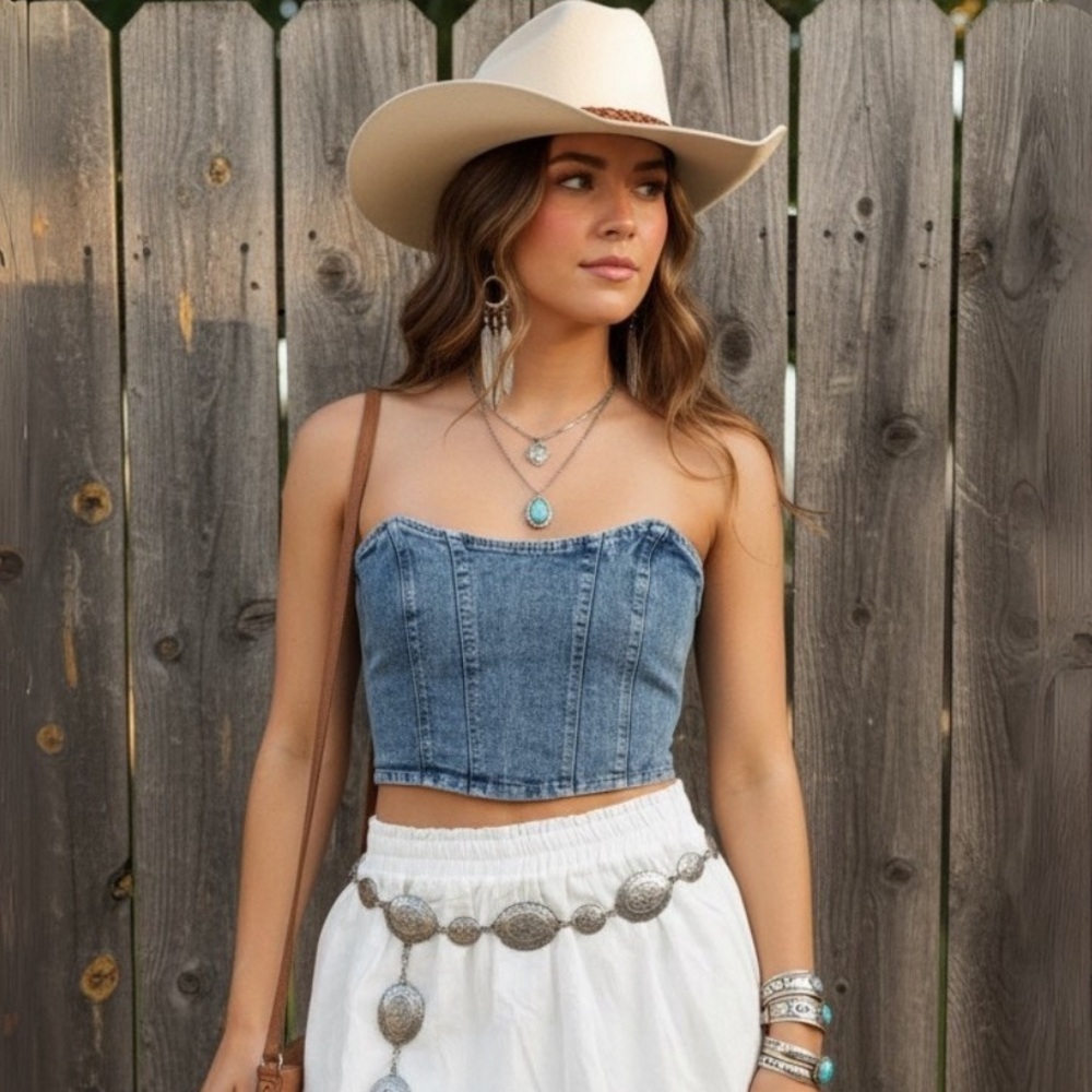 🆕 Strapless Denim Corset Top | Western Boho Festival Cowgirl Style